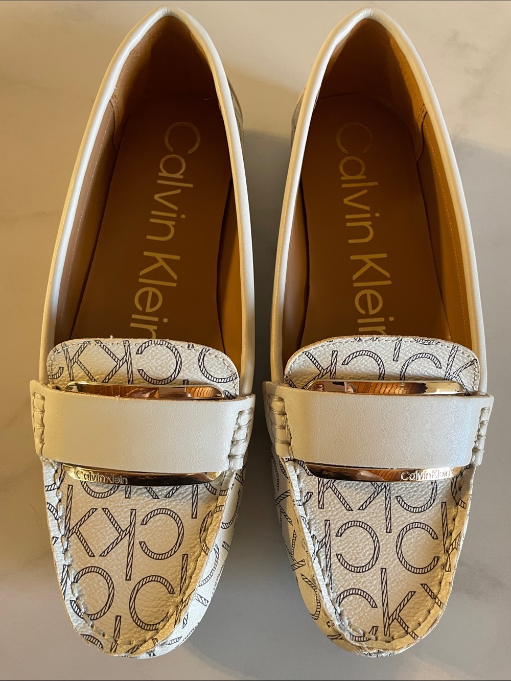 Calvin Klein Leonie Cream & White Logo Moccasin Loafers